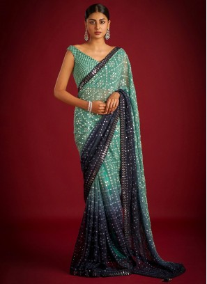 Ruritanian Embroidered Blue and Green Georgette Trendy Saree