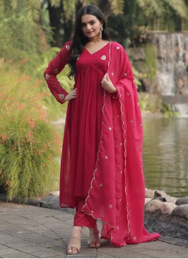 Ruritanian Embroidered Faux Georgette Pink Pant Style Suit