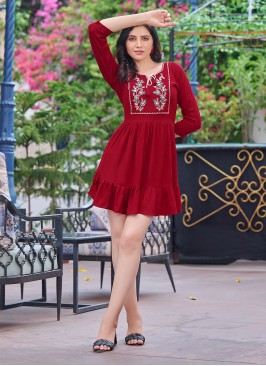 Ruritanian Red Embroidered Rayon Party Wear Kurti