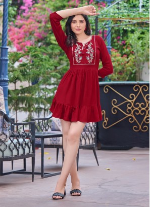 Ruritanian Red Embroidered Rayon Party Wear Kurti