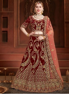 Ruritanian Velvet Maroon Embroidered Lehenga Choli