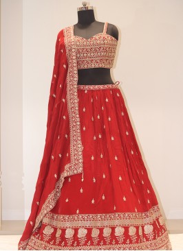 Red Bliss: Georgette Lehenga Choli with Handwork Embellishments