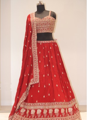 Red Bliss: Georgette Lehenga Choli with Handwork Embellishments