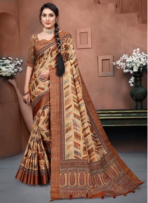 Rust Digital Print Banarasi Silk Saree