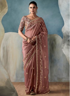 Rust Tissue Sequins Designer Saree