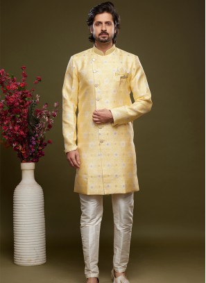 Saffron Elegance: Embroidered Banarasi Jacquard Indo Western Ensemble.