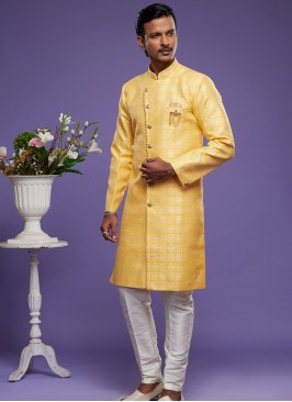 Saffron Elegance: Embroidered Banarasi Jacquard Indo Western Ensemble.