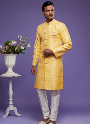 Saffron Elegance: Embroidered Banarasi Jacquard Indo Western Ensemble.