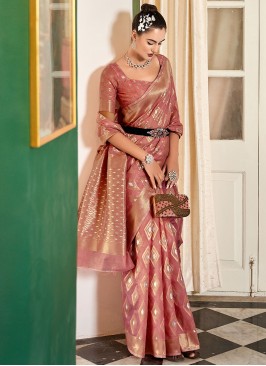Salmon Cotton Silk Mehndi Contemporary Style Saree