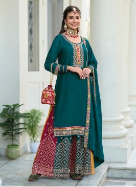 Salwar Kameez Embroidered Chinon in Teal