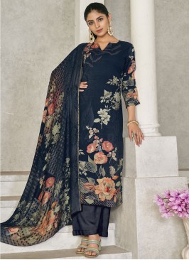 Salwar Suit Digital Print Pashmina in Navy Blue