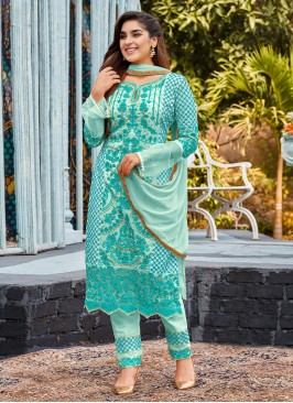 Salwar Suit Embroidered Faux Georgette in Aqua Blue