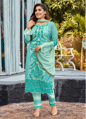 Salwar Suit Embroidered Faux Georgette in Aqua Blue