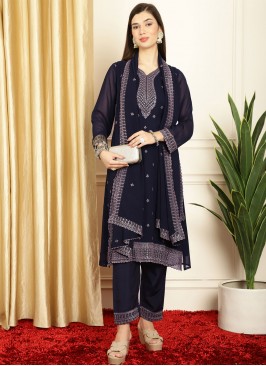 Salwar Suit Embroidered Georgette in Navy Blue