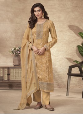 Salwar Suit Embroidered Viscose in Gold