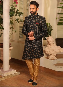 Sangeet Function Wear Black Color Jacquard Indo Western Suit