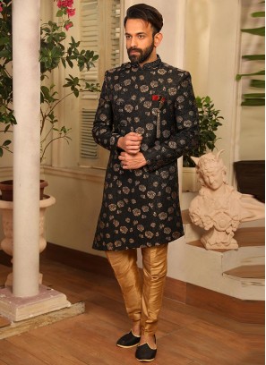 Sangeet Function Wear Black Color Jacquard Indo Western Suit