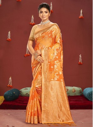 Sangeet Function Wear Cotton Saree In Orange Color