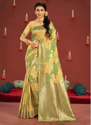 Sangeet Function Wear Cotton Saree In Yellow Color