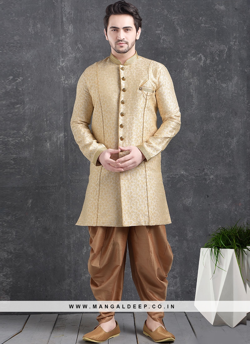 Sangeet Function Wear Cream Color Jacquard Silk Indo Western Kurta Pajama