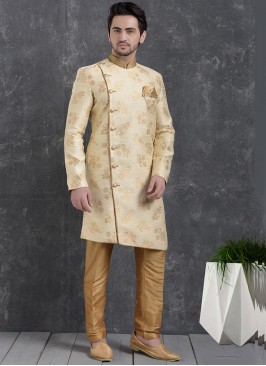 Sangeet Function Wear Cream Color Jacquard Silk Indo Western Kurta Pajama