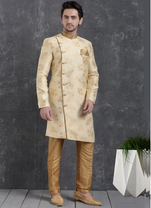 Sangeet Function Wear Cream Color Jacquard Silk Indo Western Kurta Pajama