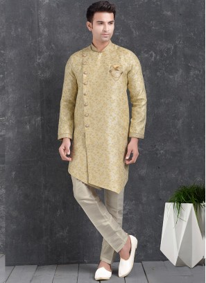 Sangeet Function Wear Cream Color Jacquard Silk Indo Western Kurta Pajama