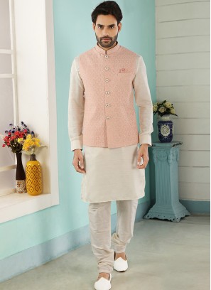 Sangeet Function Wear Cream Color Kurta Pajama With Jacket