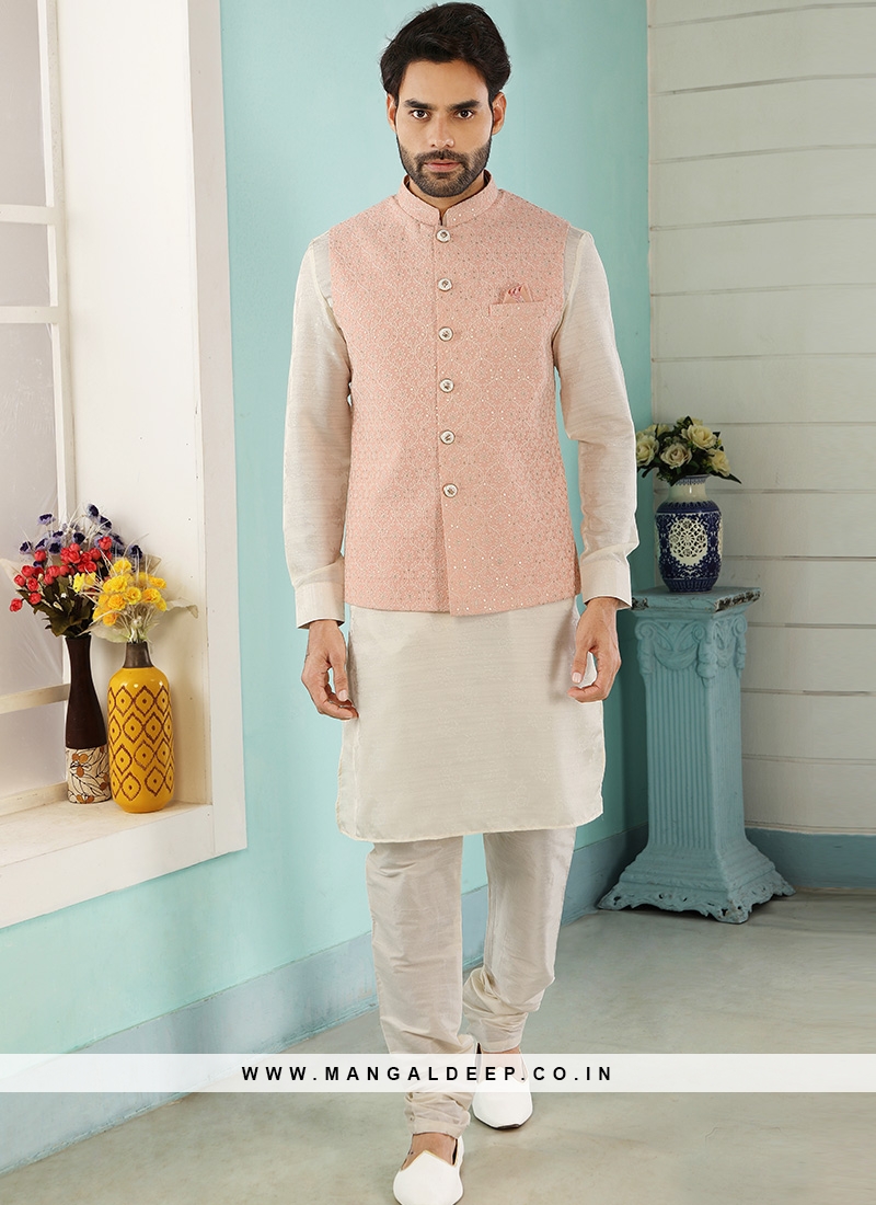Sangeet Function Wear Cream Color Kurta Pajama With Jacket