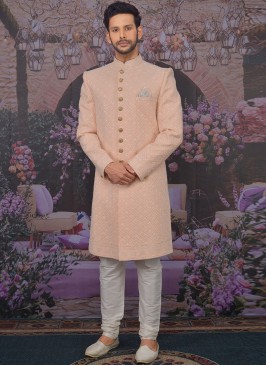 Sangeet Function Wear Georgette Fancy Peach Color Sherwani