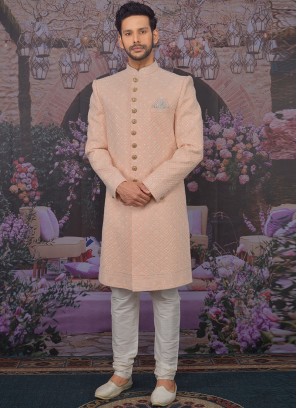 Sangeet Function Wear Georgette Fancy Peach Color Sherwani