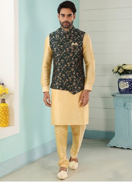 Sangeet Function Wear Gold Color Kurta Pajama With Jacket