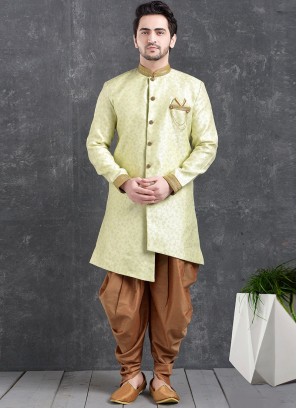 Sangeet Function Wear Green Color Jacquard Silk Indo Western Kurta Pajama