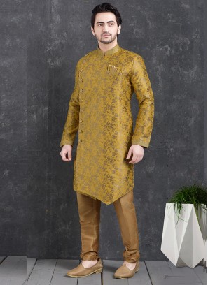 Sangeet Function Wear Green Color Jacquard Silk Indo Western Kurta Pajama