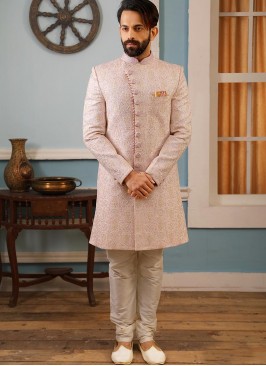 Sangeet Function Wear Pink Color Banarasi And Art Silk Indo Western Suit