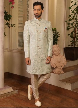 Sangeet Function Wear Sea Green Color Jacquard Indo Western Suit