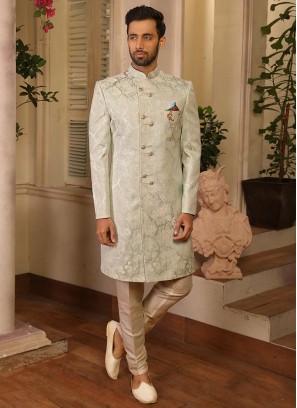 Sangeet Function Wear Sea Green Color Jacquard Indo Western Suit