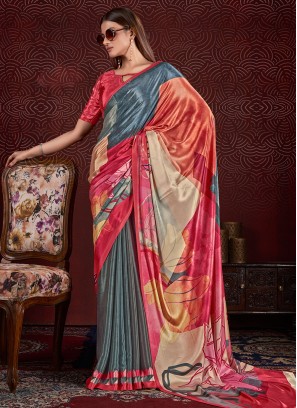 Saree Digital Print Crepe Silk in Multi Colour