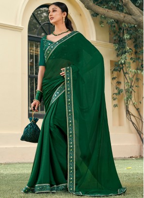 Saree Embroidered Chiffon Satin in Green