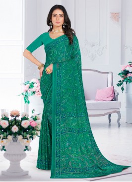 Saree Printed Faux Chiffon in Turquoise