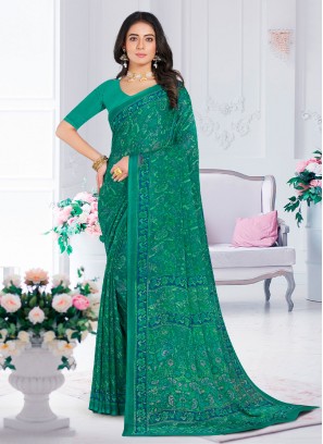 Saree Printed Faux Chiffon in Turquoise