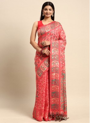 Saree Woven Cotton in Salmon