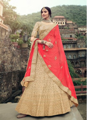 Satin Beige Embroidered Lehenga Choli