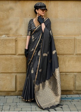 Satin Black Woven Contemporary Saree