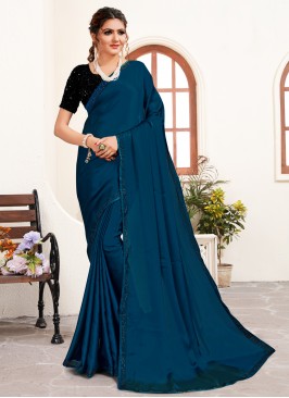 Satin Blue Stone Work Classic Designer Saree