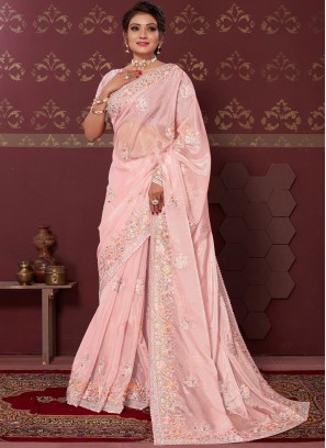 Satin Contemporary Saree in Rose Pink