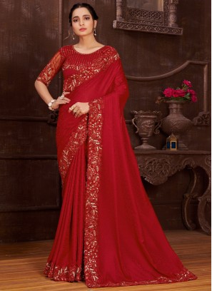 Satin Cord Red Contemporary Style Saree