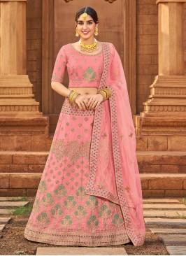 Satin Embroidered Pink A Line Lehenga Choli