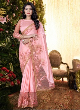 Satin Embroidered Pink Designer Saree