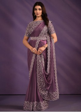Satin Embroidered Purple Classic Saree